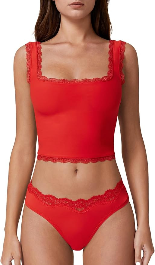 QINSEN Womens Sleeveless Lace Trim Tank Tops Summer Square Neck Slim Fit Cropped Tee Shirt Fairy ... | Amazon (US)