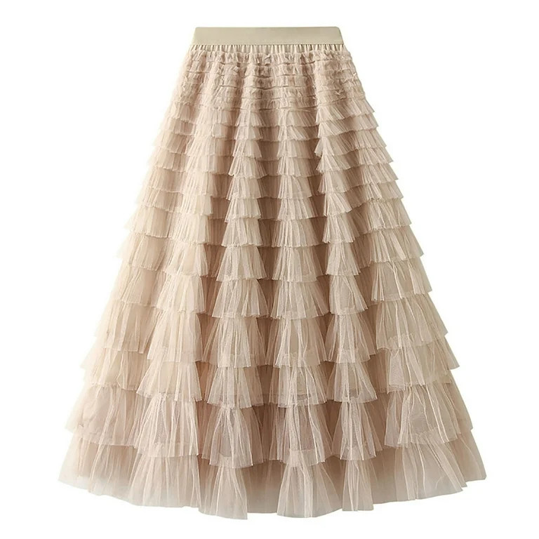pbnbp Mesh Skirt for Women Solid Layerd Ruffles Tulle Skirts A-Line High Waisted Fairy Midi Prom ... | Walmart (US)