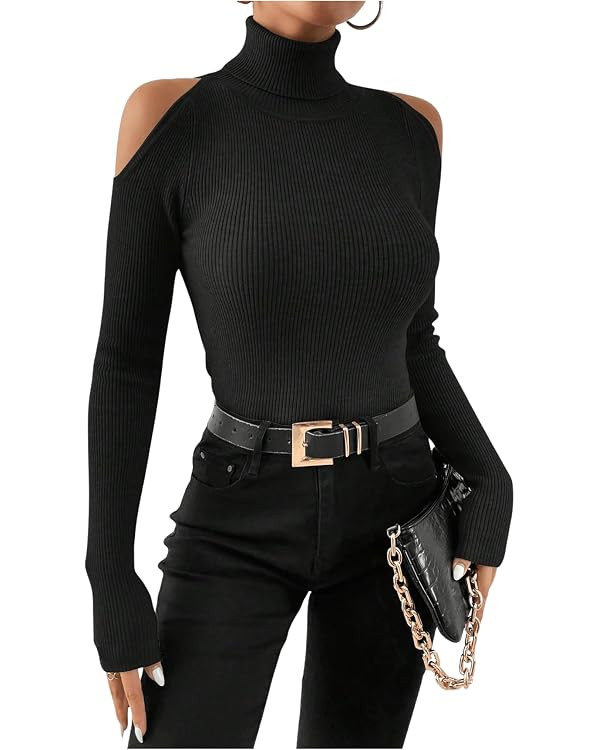 SOLY HUX Women's Cold Shoulder Sweater High Neck Long Sleeve Pullover Lightweight Ribbed Knit Jum... | Amazon (US)