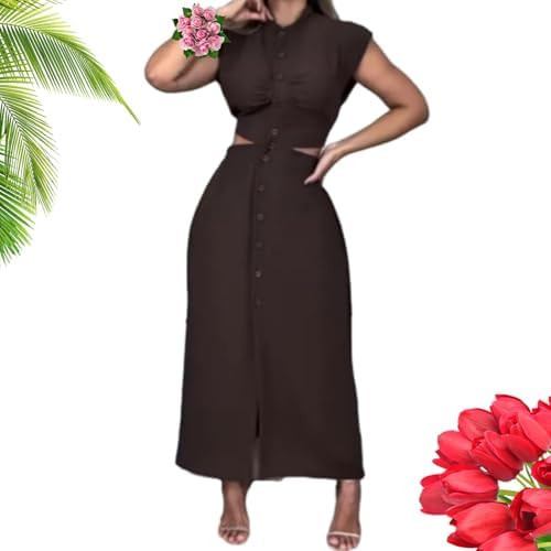 Women's Round Neck Buttoned Hollow Waist Casual Dress, Summer Cap Sleeve Side Cut Out Button Fron... | Amazon (US)