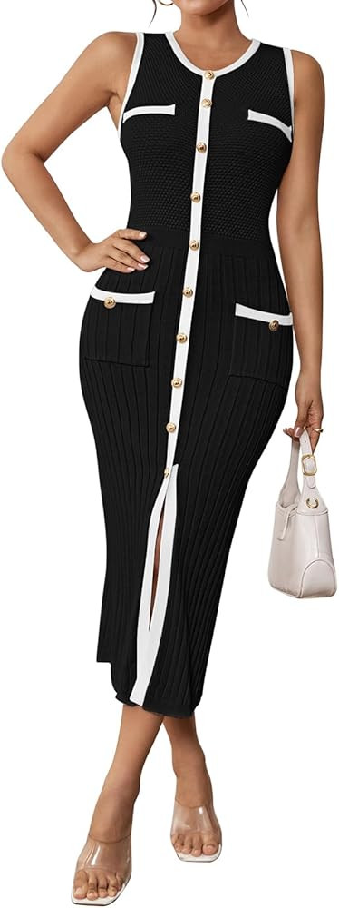 Pink Queen Women's Elegant Sweater Dress Sleeveless Slim Fit Bodycon Midi Dresses | Amazon (US)