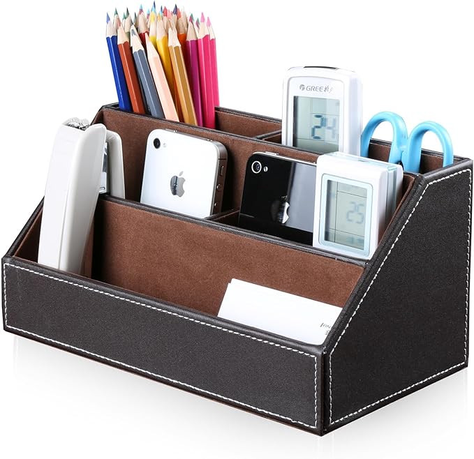KINGFOM Pu Leather Desk Organizer with 5 Compartments Holder, Multi-Functional Office Supplies St... | Amazon (US)