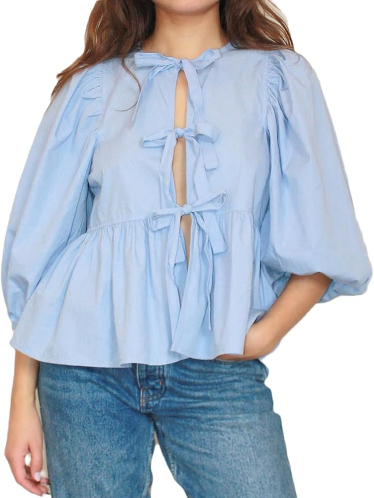 Women Y2K Tie Front Blouse Short Puff Sleeve Peplum Shirt Coquette Ruffle Trim Babydoll Top Summe... | Amazon (US)