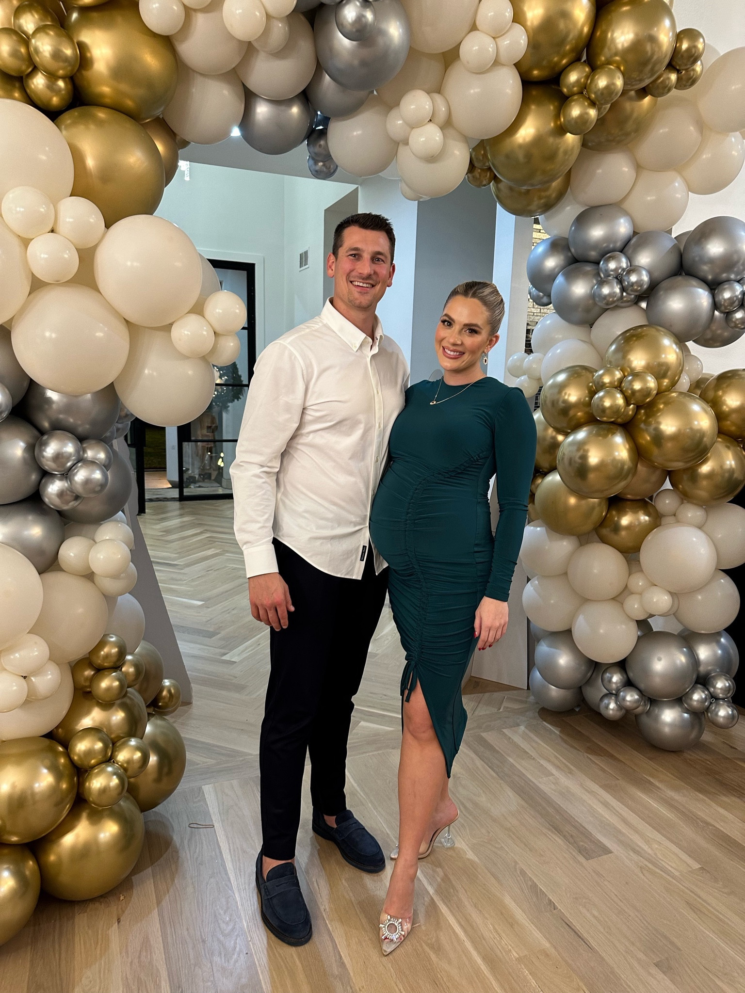 Green maternity dress by Club L London is the perfect holiday dress if you’re pregnant - paired with clear pumps, and red holiday jewelry for tonight’s Christmas party 

#LTKparties #LTKHoliday #LTKbeauty