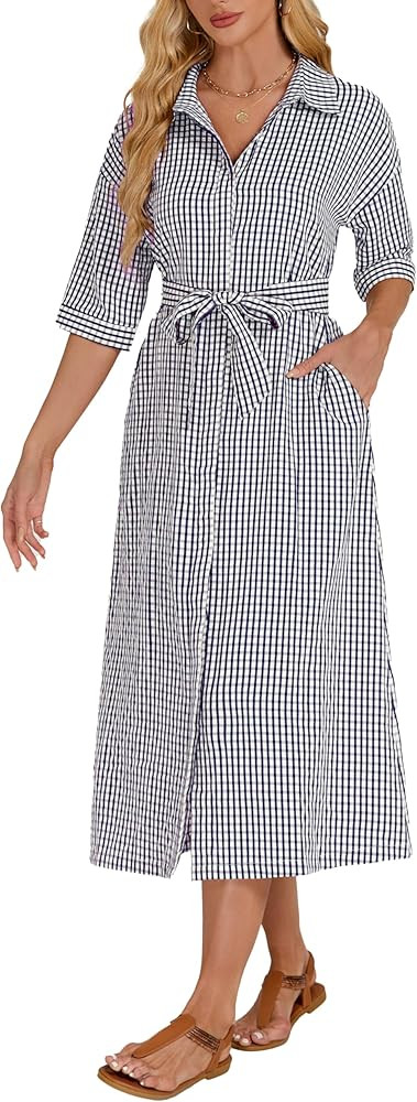 Women's Half Sleeve Plaid Midi Dress Collar V Neck Belted Casual Button Down Long Loose Dress | Amazon (US)