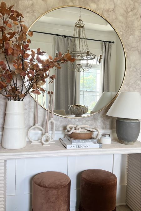 Linking as much as I can—
White vase from Stock & Trade locally;
Console table called the Belmont from Mr.Brown Furniture; 
Fall florals, fall home decor, mirror, table styling // 

#LTKSeasonal #LTKhome #LTKunder50