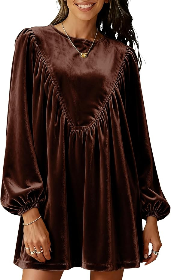 Huaqiao Womens A-Line Velvet Peplum Pleated Babydoll Mini Dress Casual Long Sleeves Crew Neck Swi... | Amazon (US)