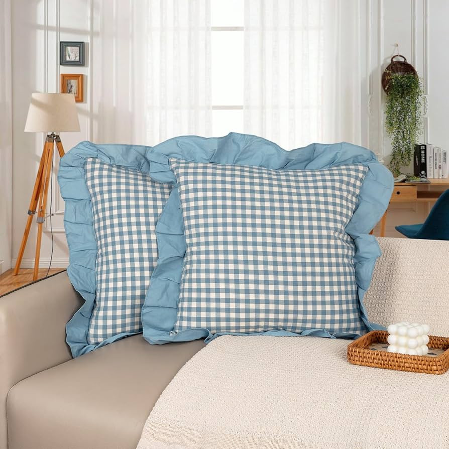 18x18 Ruffle Throw Pillow Covers, Smoke Blue Scalloped Cotton Plaid Gingham Decor Pillowcase Farm... | Amazon (US)