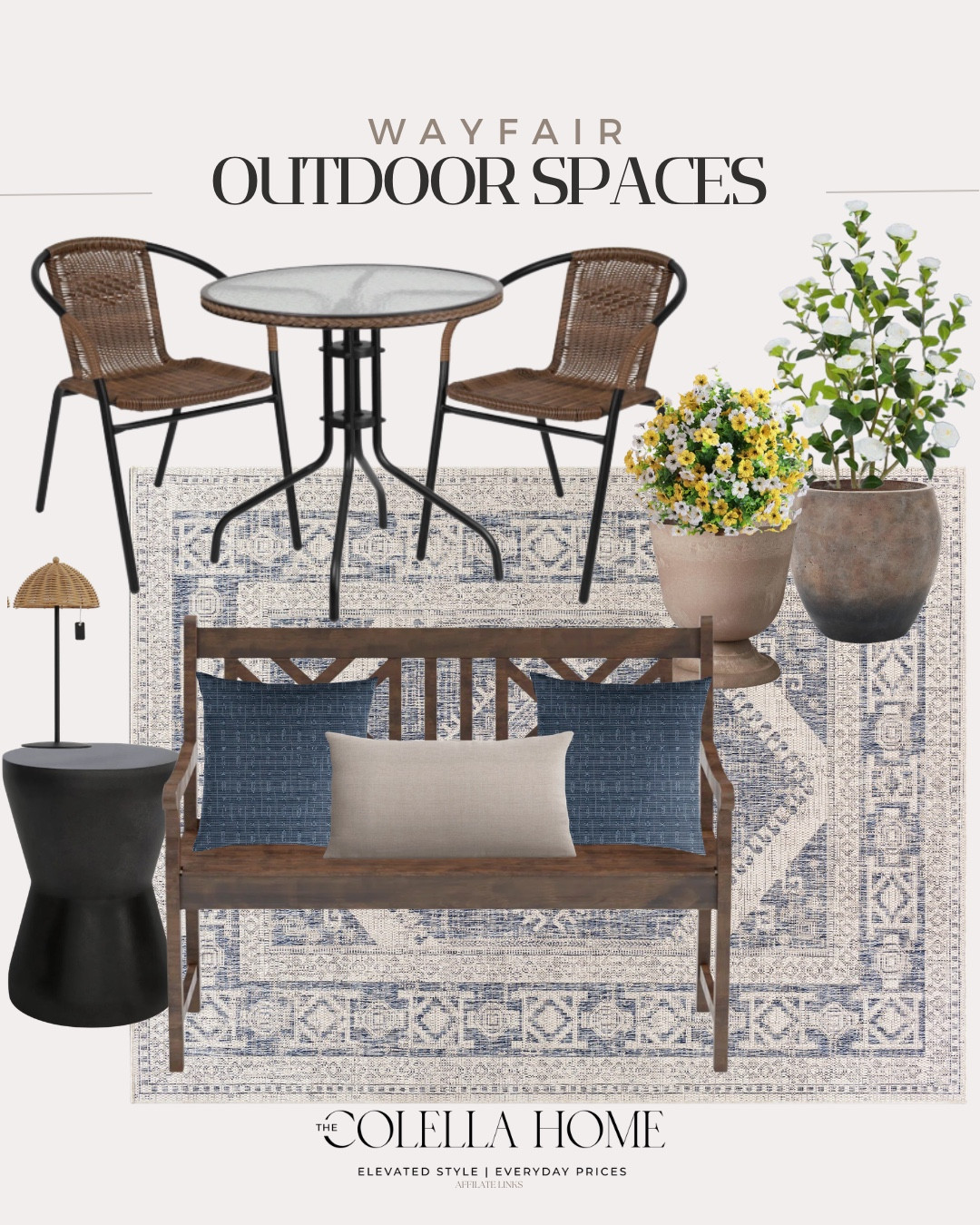 Outdoor finds from Wayfair include outdoor bench, outdoor pillows, side table, outdoor lamp, planters, outdoor faux flowers, table set.

Home decor, outdoor decor, looks for less, outdoor finds

#LTKSeasonal #LTKSaleAlert #LTKHome