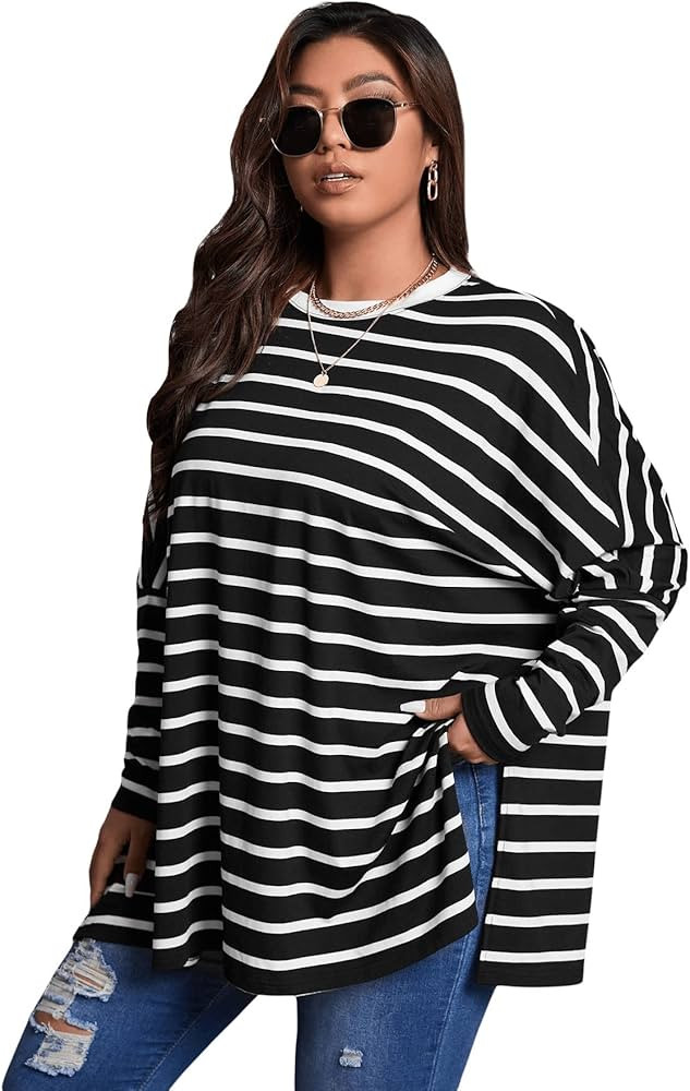 SOLY HUX Women's Plus Size Striped Long Sleeve Tee Split Hem Oversized T Shirts Tops | Amazon (US)