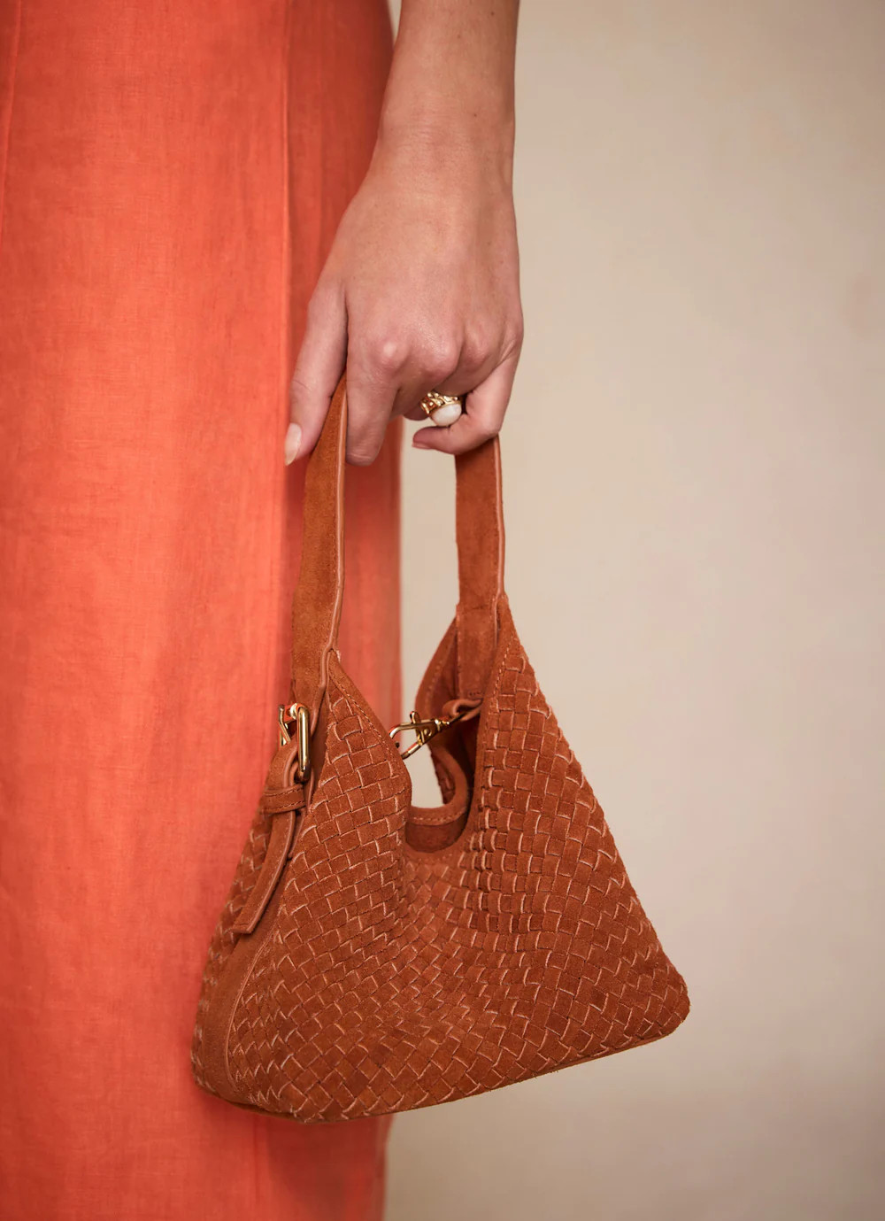 Lola Orange Suede Woven Bucket Bag | Mint Velvet - US