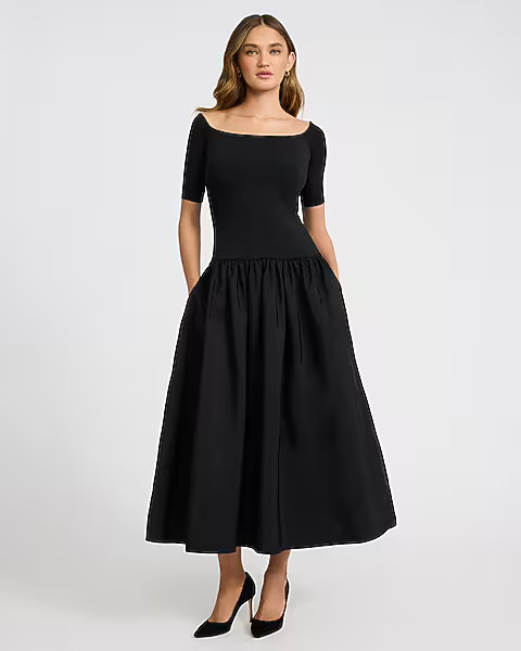 Off The Shoulder Mixed Media Drop Waist Maxi Dress with Pockets | Express