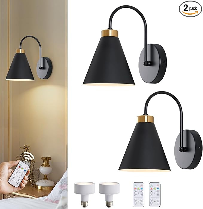 Vintage Cordless Gooseneck Battery Operated Wall Sconces Set of 2, Black Bedside Battery Powered ... | Amazon (US)