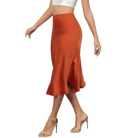 Basoteeuo Midi Skirts for Women High Waist Satin Summer Casual Sexy Midi Length Elastic Skirt | Amazon (US)