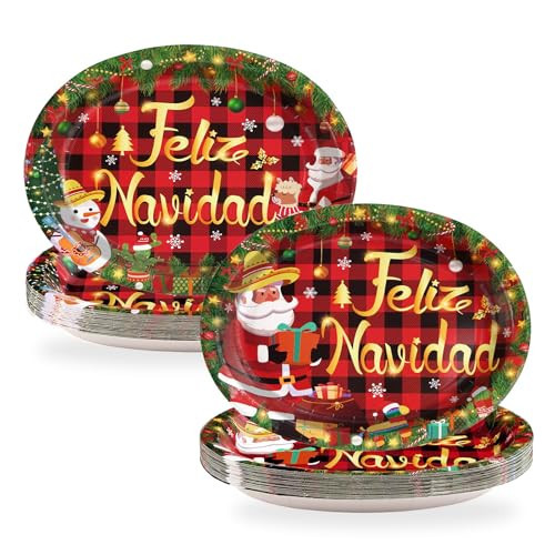 50Pcs Feliz Navidad Oval Paper Plates 10" x 12" Large Heavy Duty Disposable Red Gold Mexican Christmas Plate Xmas Santa Claus Snowman Dessert Platter for Merry Christmas Winter Holiday Party Supplies | Amazon (US)