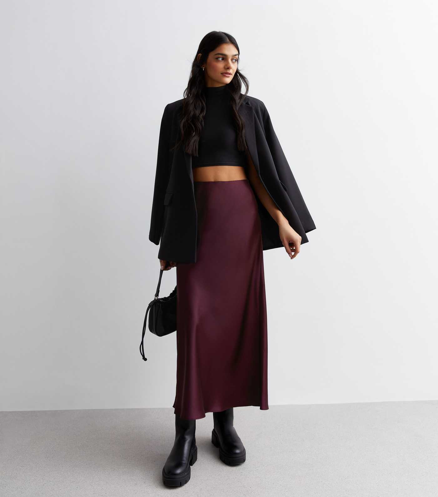 Plum Shine Satin Bias Cut Midi Skirt | New Look | New Look (UK)