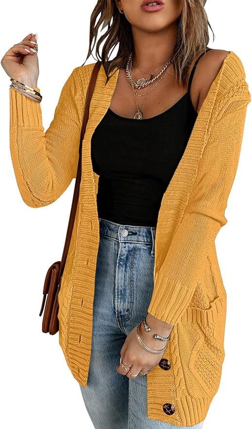 luvamia Womens Long Sleeve Open Front Buttons Cable Knit Pocket Sweater Cardigan | Amazon (US)