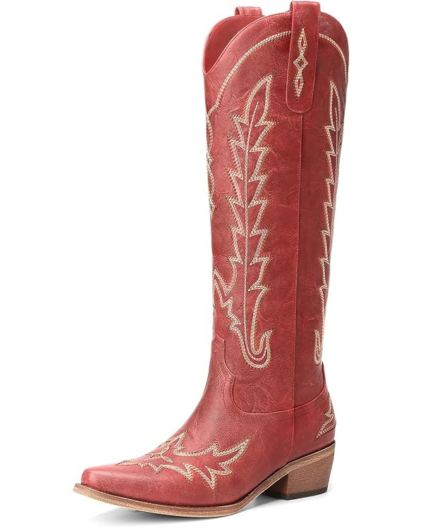 Cowboy Boots for Women - Knee High Pointed Toe Chunky Heel Pull On Zipper Western Cowgirl Boots, ... | Amazon (US)