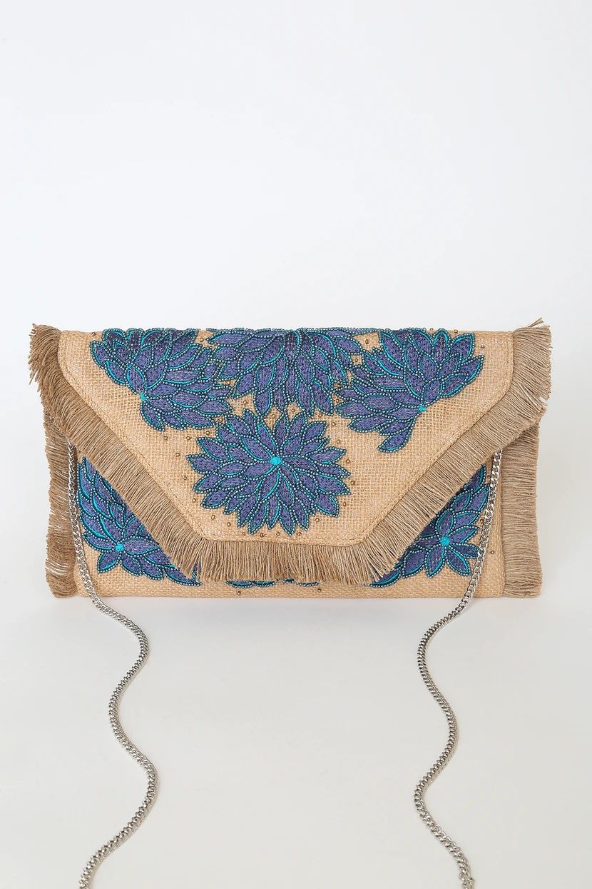 Island Vacation Tan and Blue Beaded Embroidered Clutch | Lulus (US)