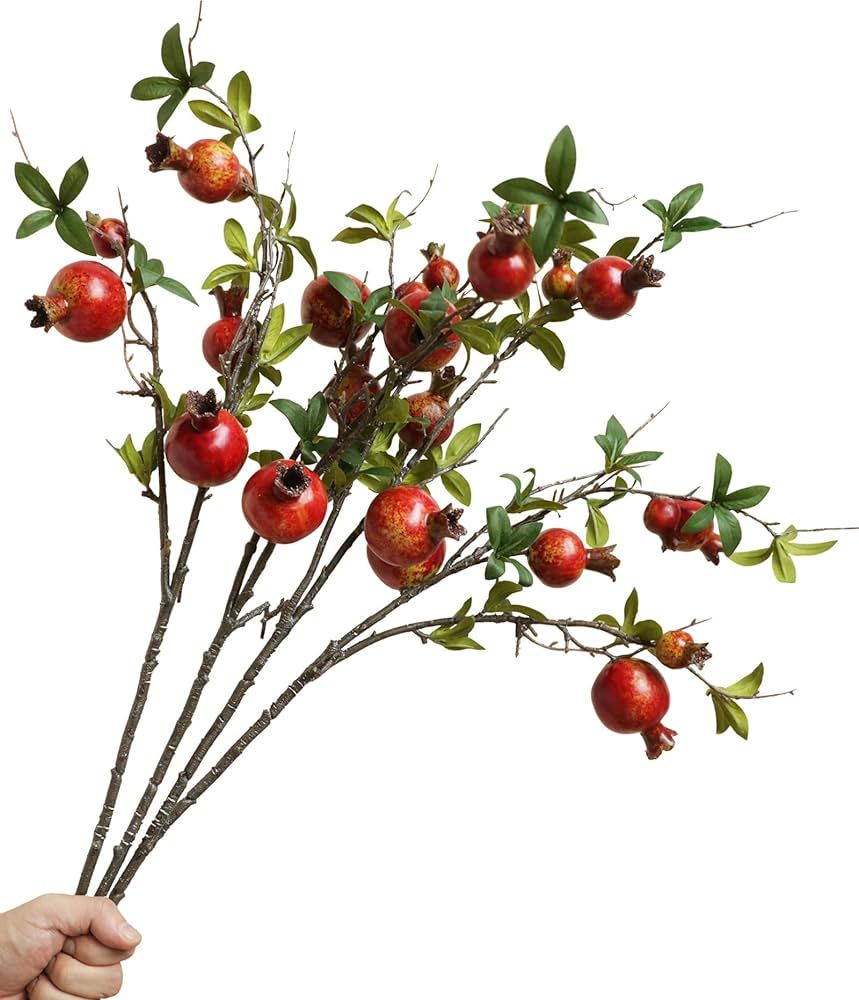 4pcs 31" Tall Red Berries Pomegranate Faux Plants Stem Fake Tree Branches with Fruits Leaves Arti... | Amazon (US)