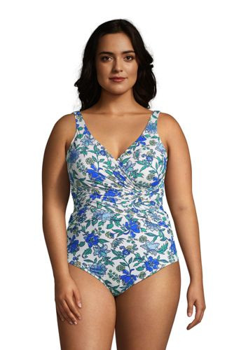 Women's Plus Size Slender Tummy Control Chlorine Resistant V-neck Wrap One Piece Swimsuit Print | Lands' End (US)
