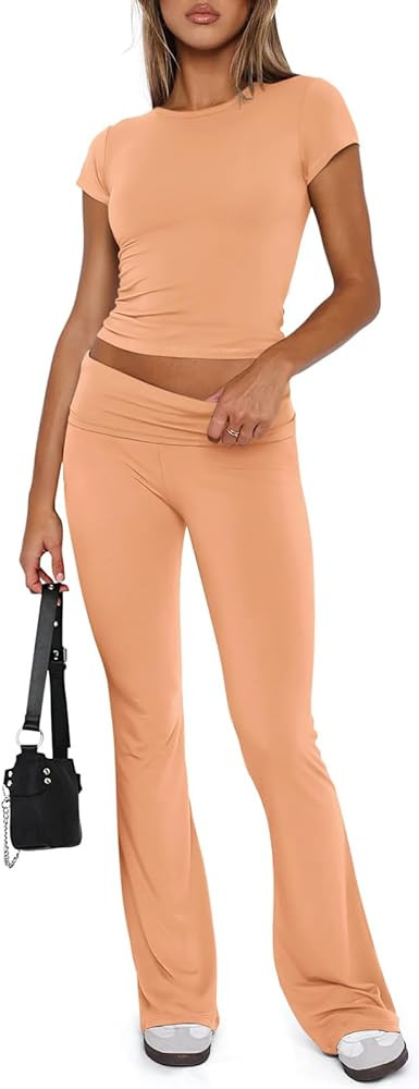 REORIA Women's Casual Outfits Soft Short Sleeve Crop Top Fold Over Flare Pants Y2K 2 Piece Pajama... | Amazon (CA)