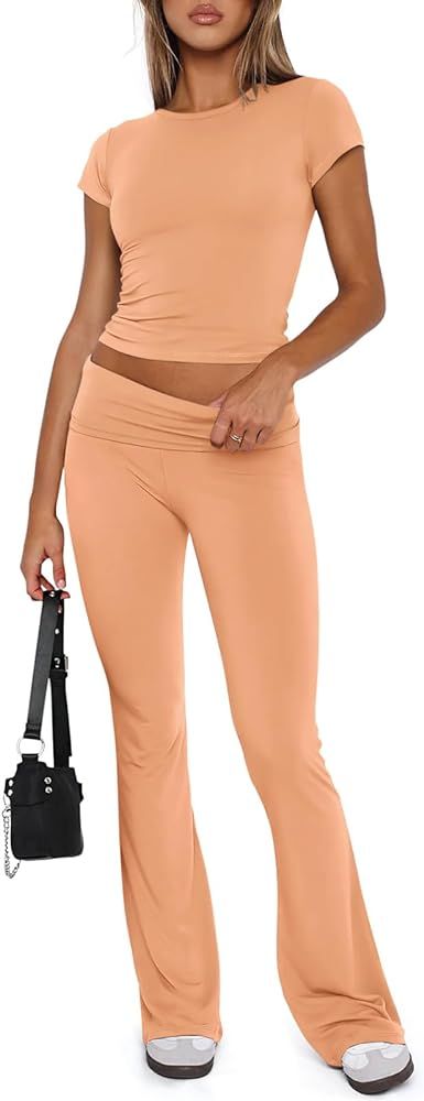 REORIA Women's Casual Outfits Soft Short Sleeve Crop Top Fold Over Flare Pants Y2K 2 Piece Pajama... | Amazon (US)