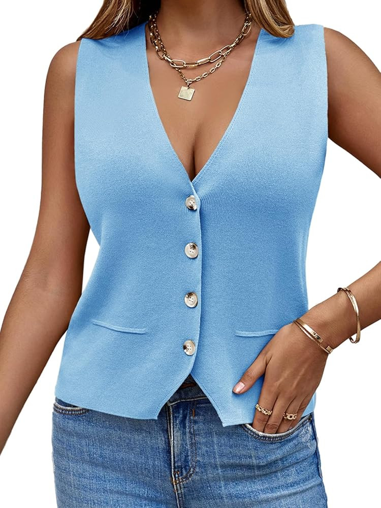 Saodimallsu Womens Sleeveless Sweater Vest Knit V Neck Button Fashion Casual Loose Spring Summer ... | Amazon (US)