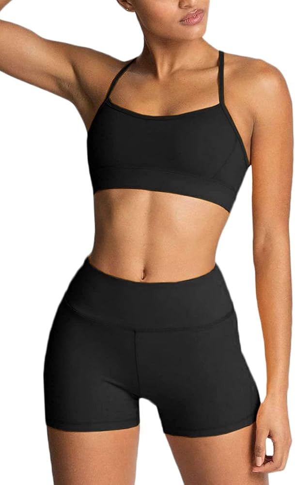 IMEKIS Women's Workout Sets 2 Piece Yoga Outfit High Waisted Biker Shorts Leggings Sports Bra Gym... | Amazon (US)
