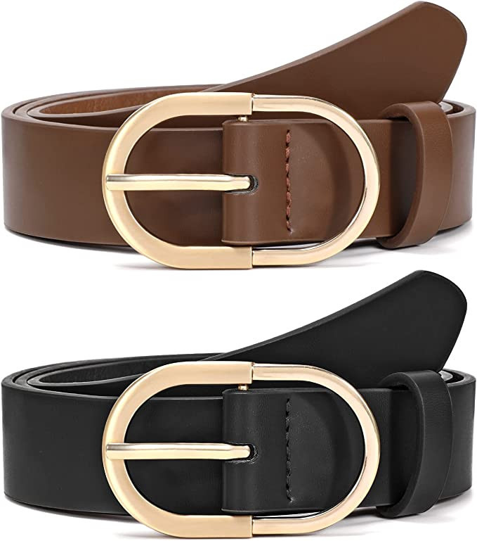 2 Pack Women's Leather Belts for Jeans Pants Fashion Gold Buckle Ladies Dress Belt | Amazon (US)