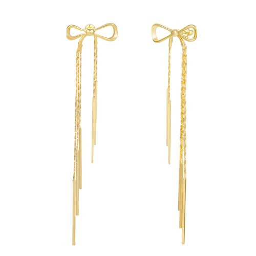 DoreenBox Long Chain Bow Dangle Drop Tassel Earrings for Women 18K Gold Bow Statement Earrings Ribbon Bow Stud Earrings | Amazon (US)