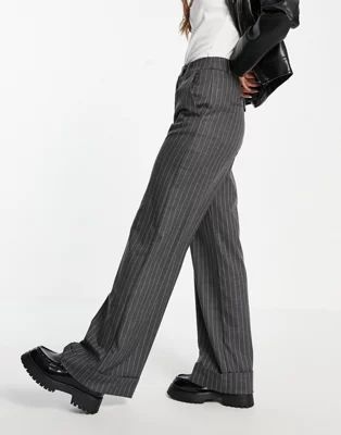 Bershka pinstripe maxi wide leg trouser in grey | ASOS (Global)