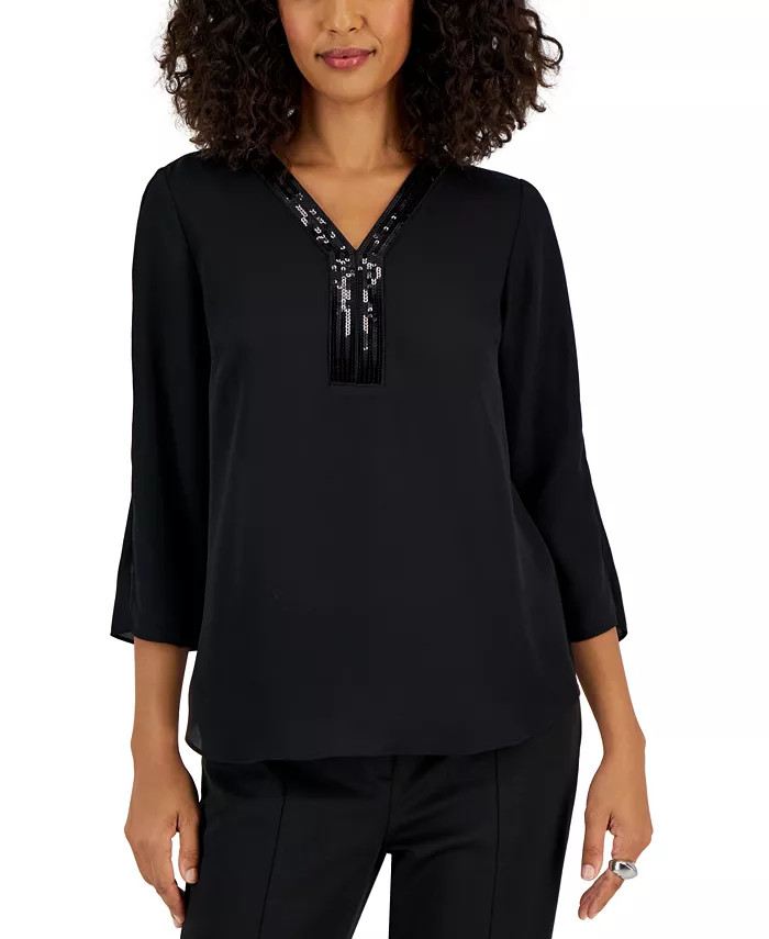Women's Sequin-Trim 3/4-Sleeve Tunic, Created for Macy's | Macy's