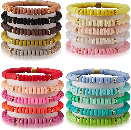 Ornaland 20 Pcs Heishi Surfer Bracelets Polymer Clay Beads Stretch Bracelets Bohemia Stackable Di... | Amazon (US)