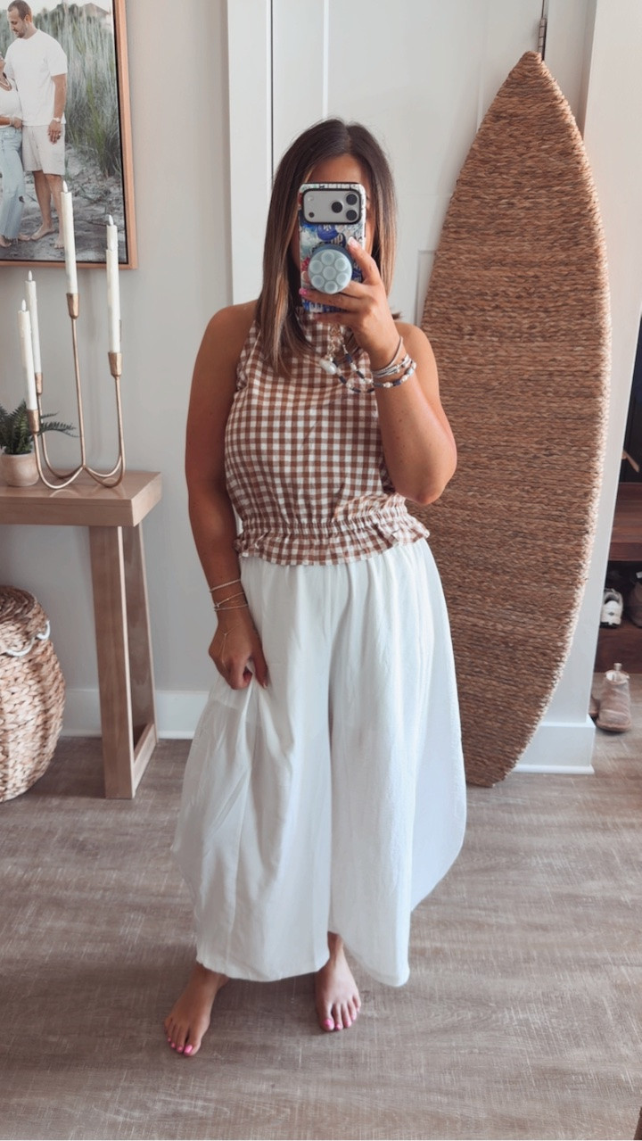 How freaking cute is this Amazon outfit?! I love the fit of this gingham top, and these wide leg pants are 100% petite friendly. This look would be adorable for a lunch date, but it’s comfortable to wear doing anything. I plan to purchase another color of these pants. 
Summer outfit inspo

#LTKMidsize #LTKPetite #LTKSeasonal
