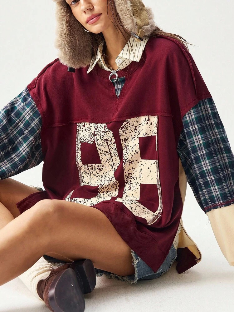 Bohemela Plus Size Contrast Color Block Loose Drop Shoulder Casual Hoodie With Letter Graphic Aut... | SHEIN