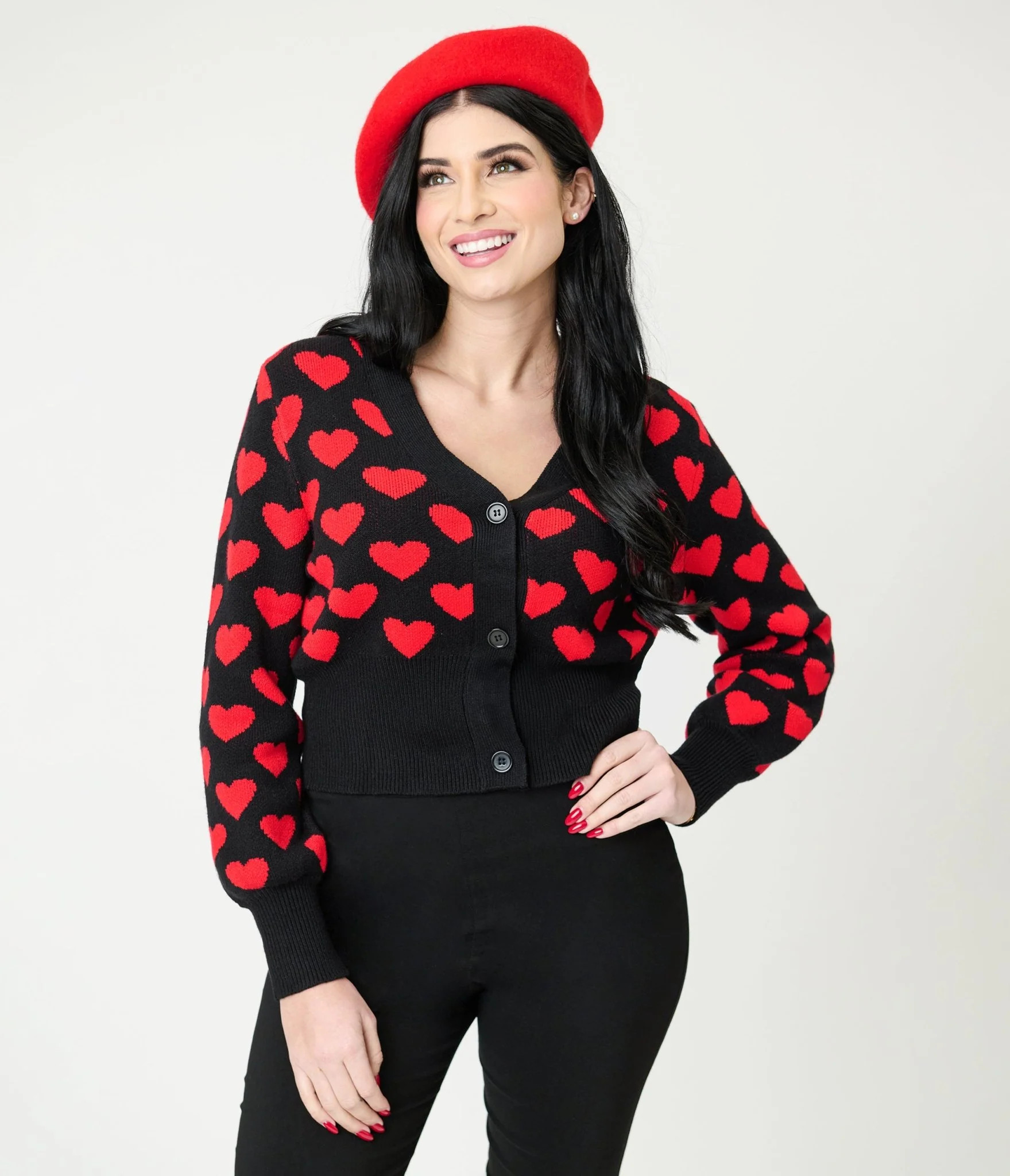 Black & Red Heart Cropped Cardigan | Unique Vintage - North America