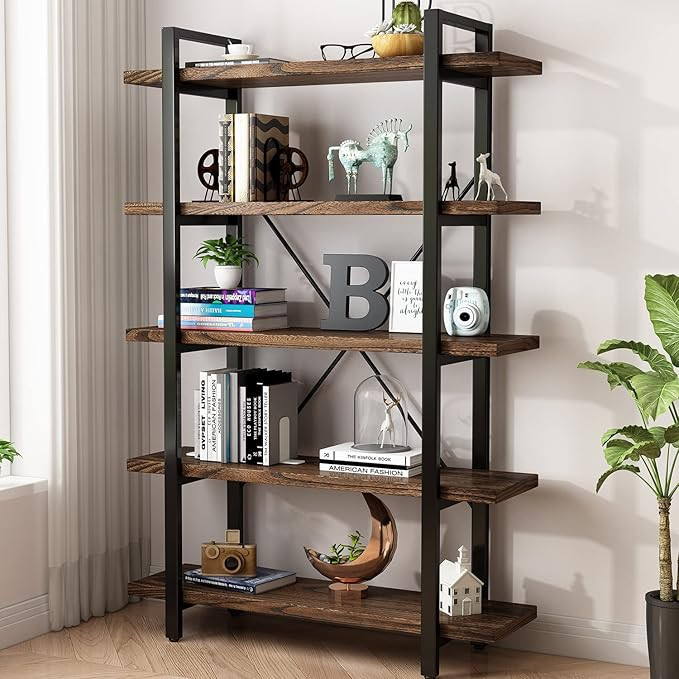 5-Tier Industrial Style Solid Wood Bookcase and Book Shelves,Rustic Wood and Metal Shelving Unit... | Amazon (US)