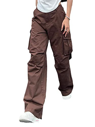 Womens Cargo Pants High Waist Wide Leg Baggy Casual Multiple Pockets Streetwear Brown | Amazon (US)