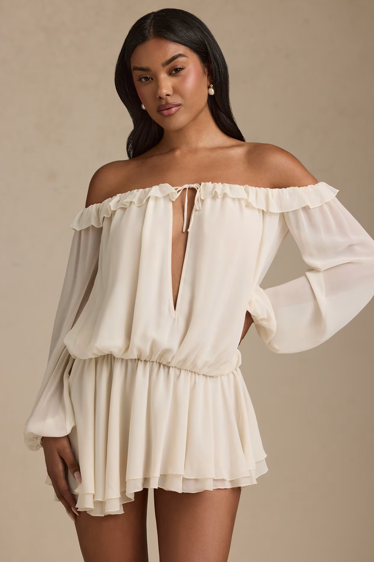 Off-Shoulder Asymmetric Balloon-Sleeve Mini Dress in Ivory | Oh Polly