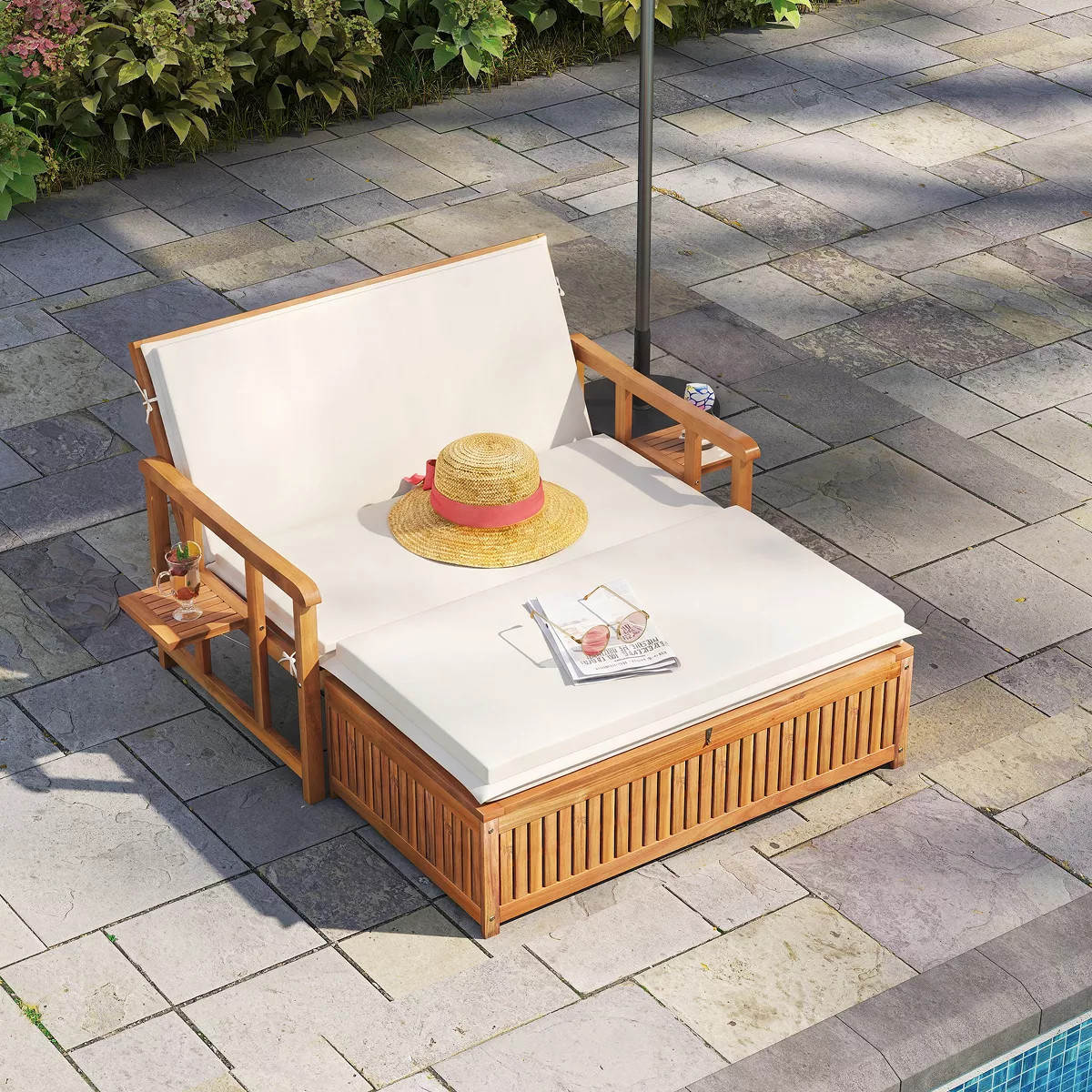 Costway Outdoor Wooden Daybed with 4-Level Backrest & Removable Cushions for Poolside | Target
