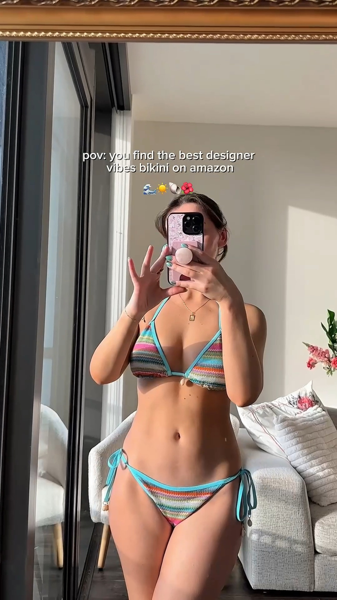 super flattering multicolor vacation-ready bikini from amazon! such an affordable find yet great quality ~ this brand’s swimsuits are definitely worth the hype 🩵 

• wearing: size S (fits tts) 

• stretchy knit 
• built-in removable cups 
• cute shell charm details 
• adjustable ties for a custom fit 

[striped colorblock beach swimsuit, tropical beachy vacation vibes, coastal aesthetic, missoni vibes, amazon fashion finds, zaful amz bikinis, try on haul, blue and pink swim suit, mermaidcore, euro summer european summer aesthetic, ibiza, ibizacore, what to pack for a beach trip]

#LTKSeasonal #LTKFindsUnder50 #LTKSwim