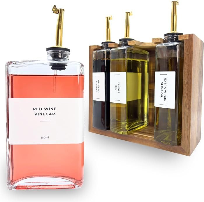 The Oil Library | Glass Oil & Vinegar Bottles with 100% Acacia Wood Stand | 4 Containers, 5 Gold ... | Amazon (US)