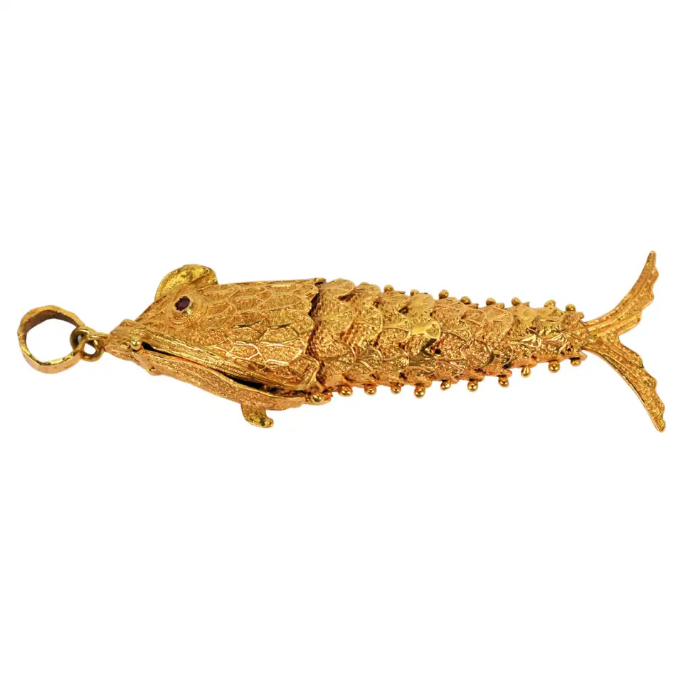 18 Karat Yellow Gold Articulated Fish Pendant w Ruby Eyes and Hidden Compartment | 1stDibs