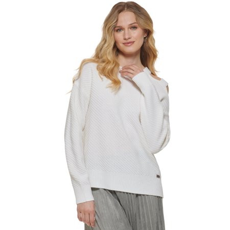 DKNY Womens Cut Out Shoulder Sequined Strap Ribbed Sweater Ivory L | Walmart (US)