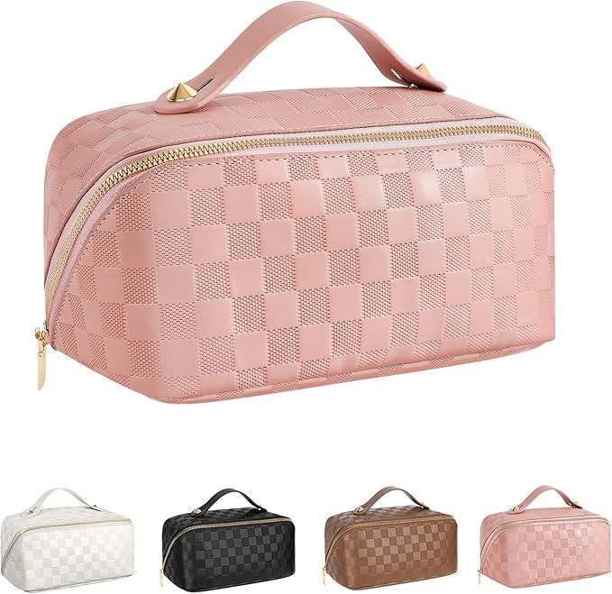 Cosmetic Bags for Women Travel Makeup Bag - Large Opening Makeup Bag,Portable Makeup Bag Opens Fl... | Amazon (US)