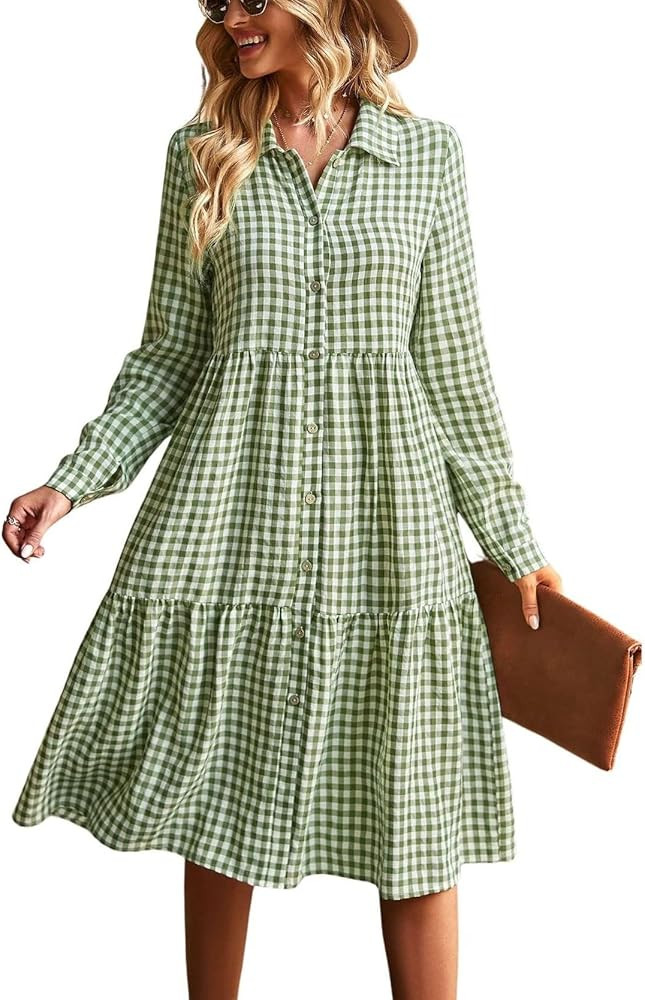 Womens Plaid Shirt Dresses Ruffle Hem Short Sleeve Button V Neck Midi Dresses Gingham Dress for W... | Amazon (US)