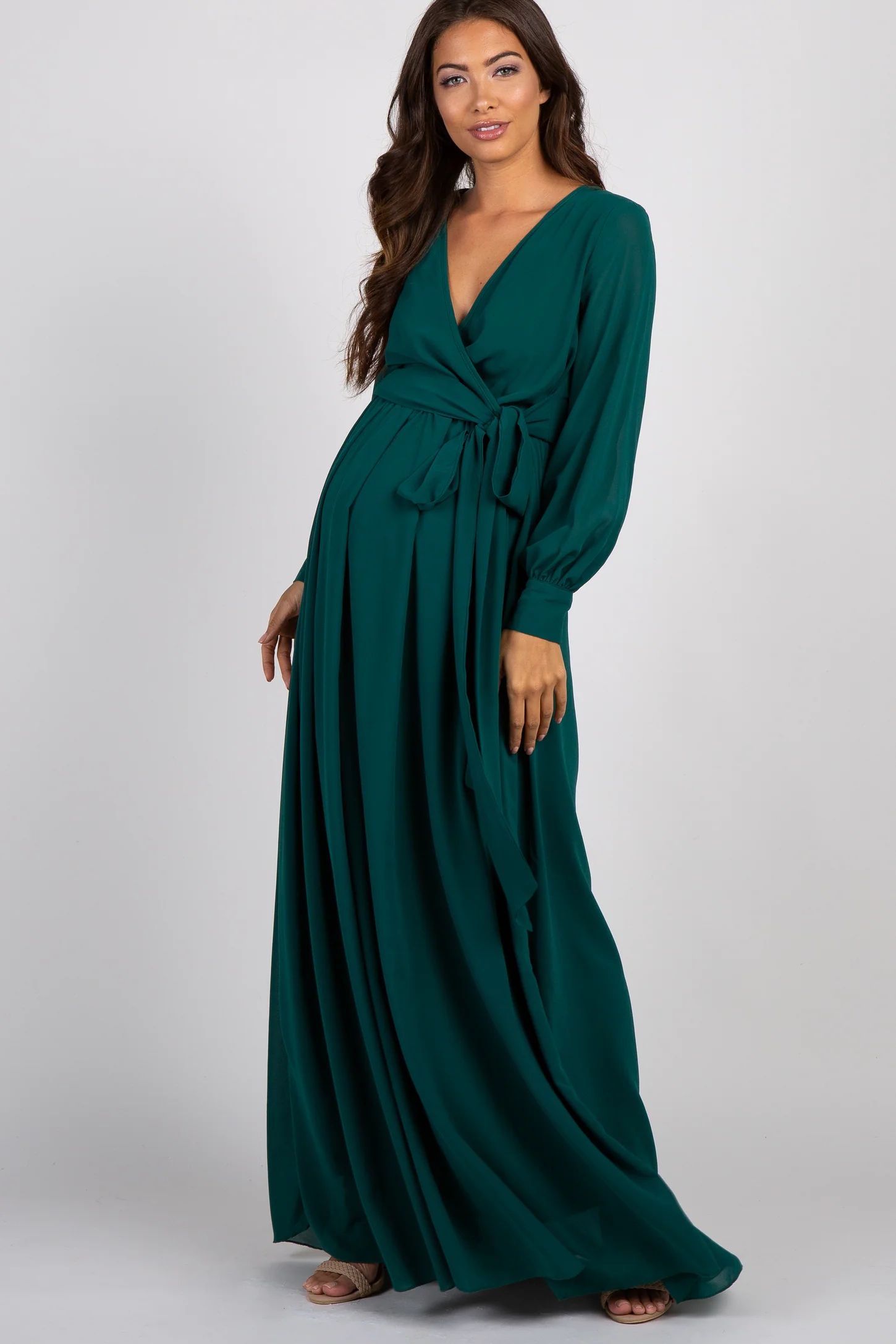 Green Chiffon Long Sleeve Pleated Maternity Maxi Dress | PinkBlush Maternity