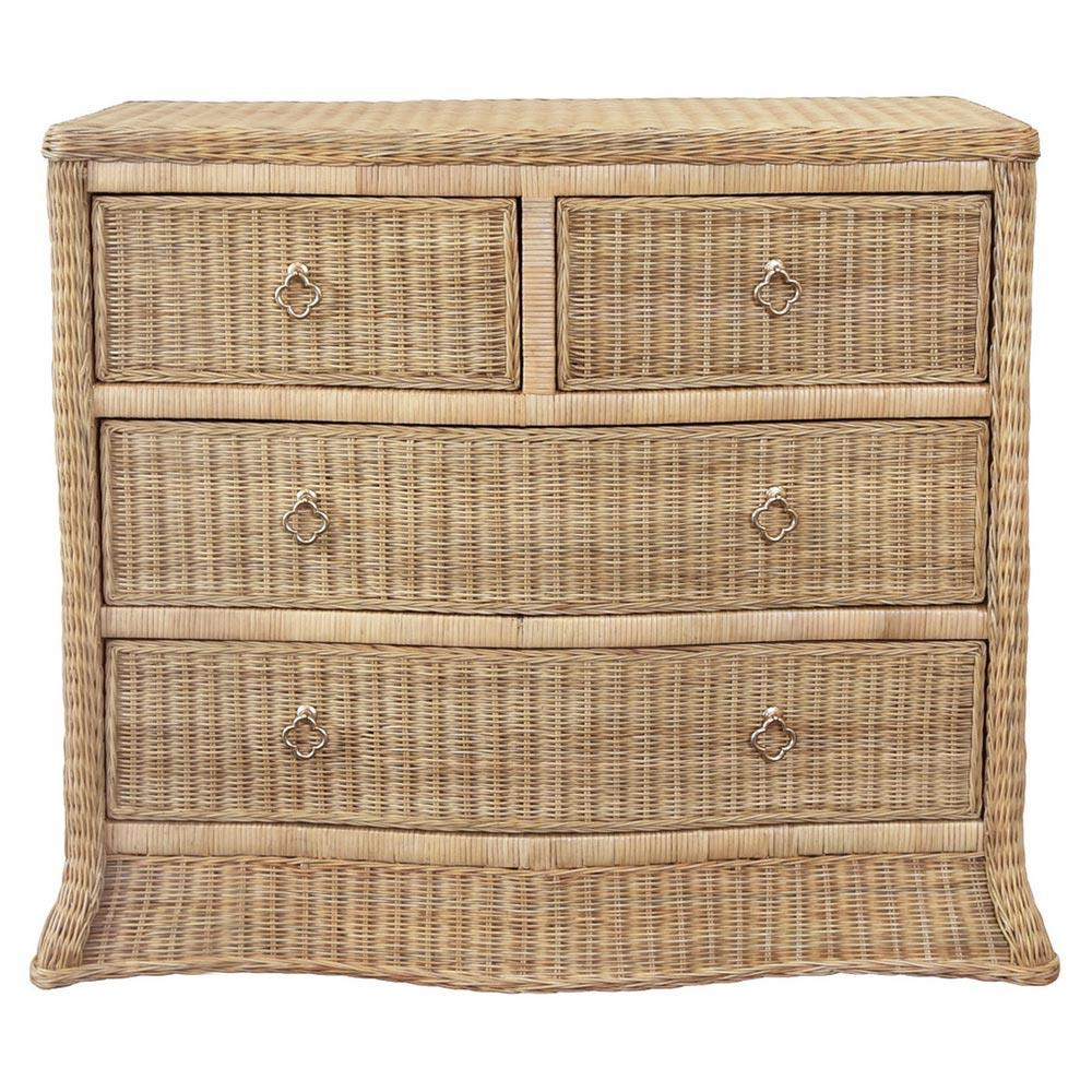 Worlds Away Celine Coastal Beach Natural Woven Rattan Brass Pull Bachelor Chest | Kathy Kuo Home