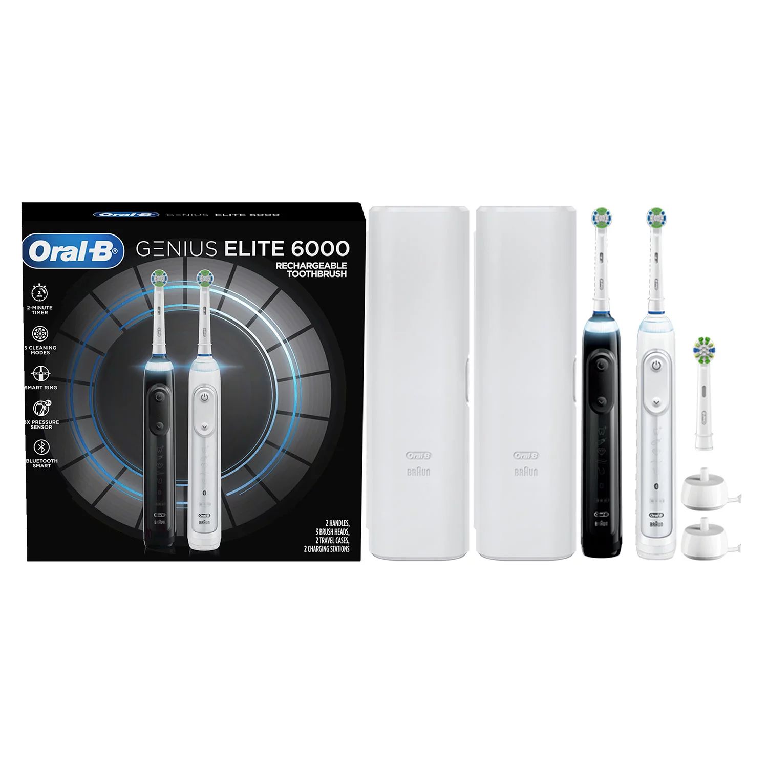 Oral-B Genius Elite 6000 Rechargeable Toothbrush, Powered by Braun, White & Black, Twin Pack | Sam's Club